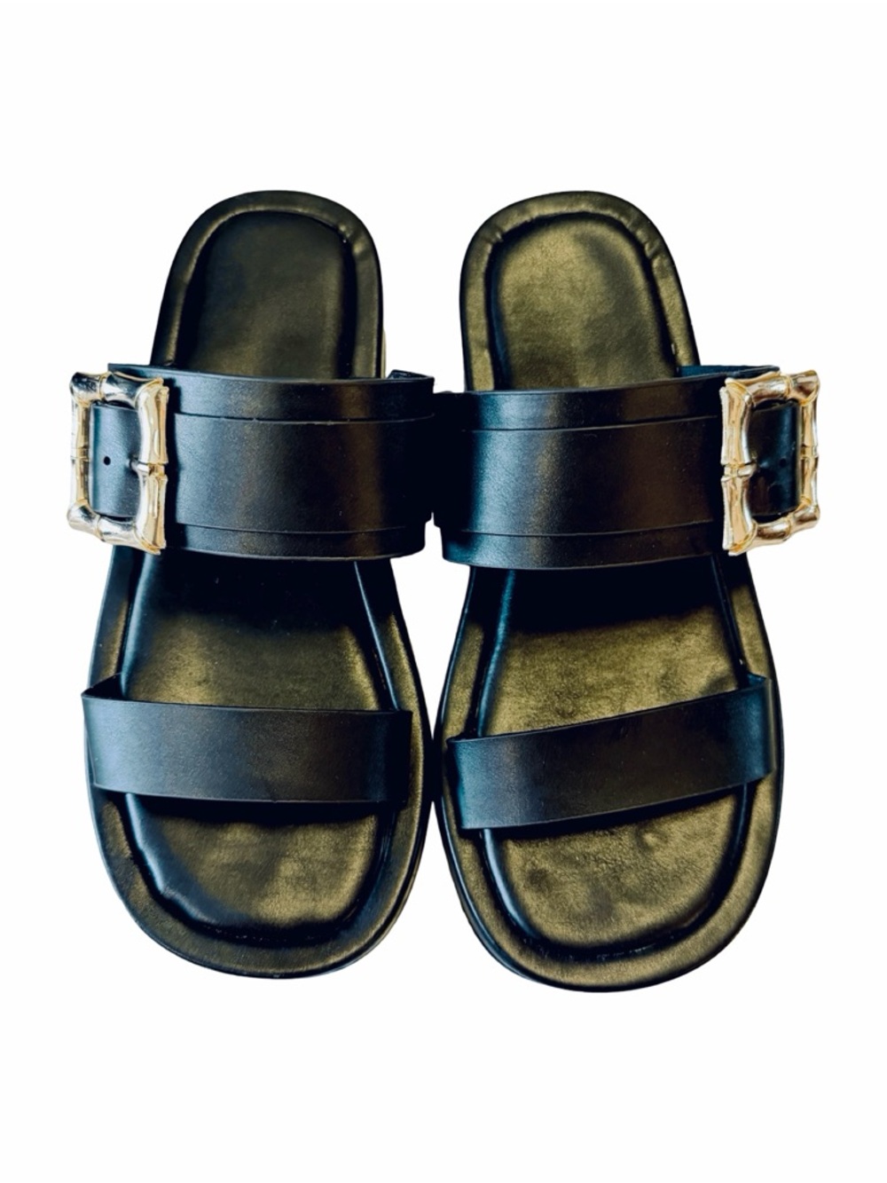 TOP Moda Black Slide Sandals with Decorative Gold Buckle - Picture 2 of 2